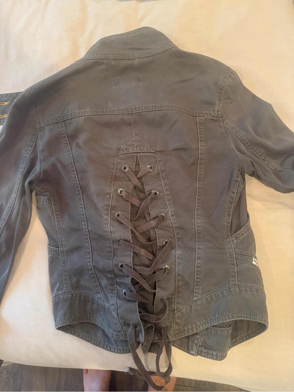 Women's Olive Green Lace-Up Back Jean Jacket - Picture 5 of 5